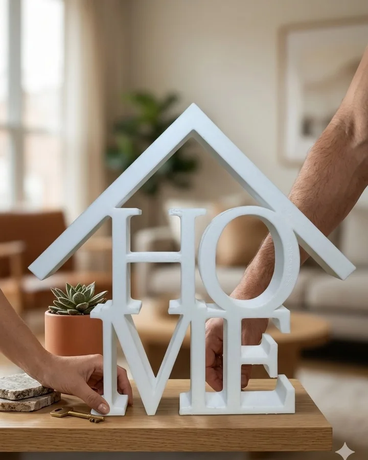 Expositor decorativo impresso em 3D com a palavra HOME